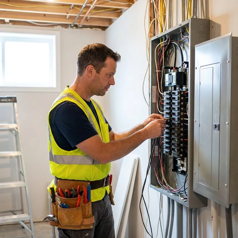 Electrician in hi-vis vest and tool belt working on a domestic consumer unit