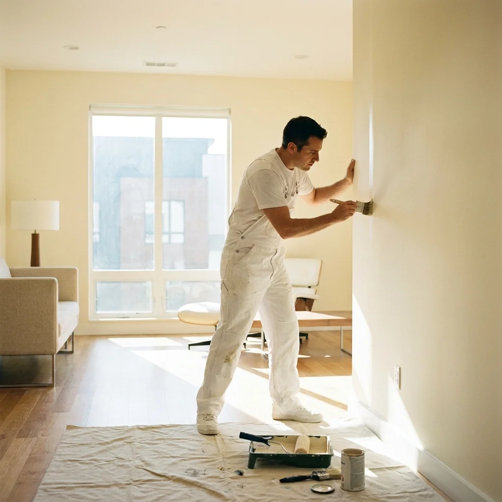 Painter and decorator in white overalls applying emulsion to an interior wall with a roller