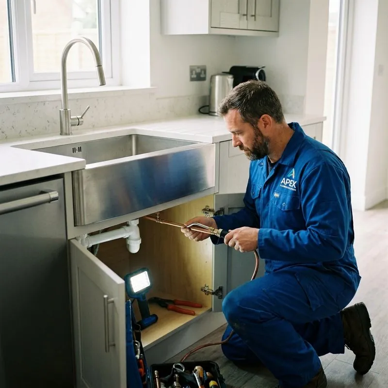 Plumber in blue work uniform fitting copper pipework under a kitchen sink